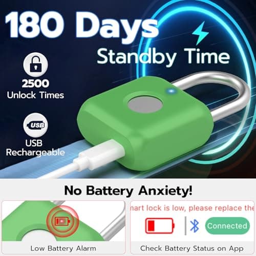 Anweller Fingerprint Padlock,Smart Padlock,Locker Lock,Combination Lock,Fingerprint Lock with APP Unlock,USB Rechargeable,Suitable for Gym Locker,Locker,School,Door,Shed,Toolbox,Storage(Green) — view 5