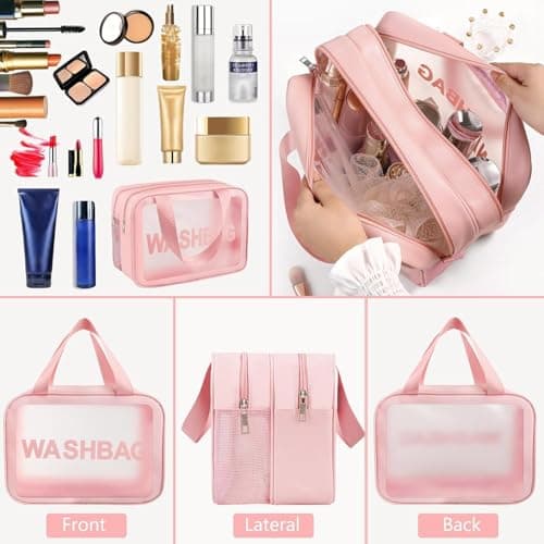 Clear Toiletry Bag, Wet Dry Separation PVC Makeup Cosmetic Bag, Large Capacity PVC Wash Bags with Handles for Women Girls Pink — view 5