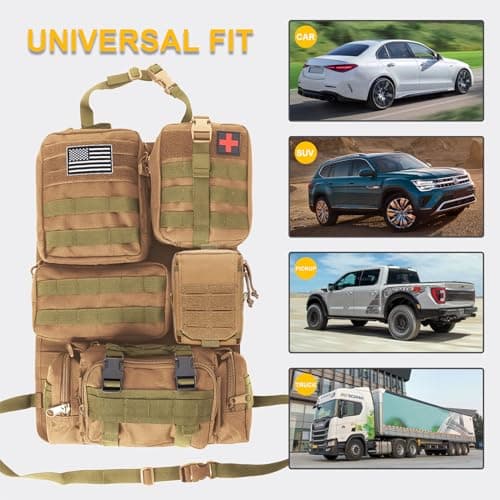 Universal Tactical Car Seat Back Organizer Bag Tactical Molle Vehicle Organizers Panel Gear Accessories with 5 Different Size Molle Pouches for Car Truck Ford Jeep Vehicle (A style-Khaki) — view 2