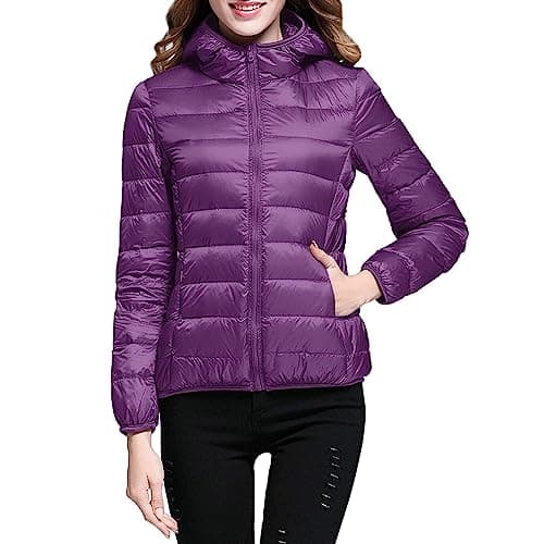 Womens Winter Lightweight Puffer Jacket with Hood Warm Short Packable Women Quilted Jacket Transitional Padded Down Jacket for Ladies Lined for Hiking Travel Plus Size Thin Jacket Down Purple — view 4