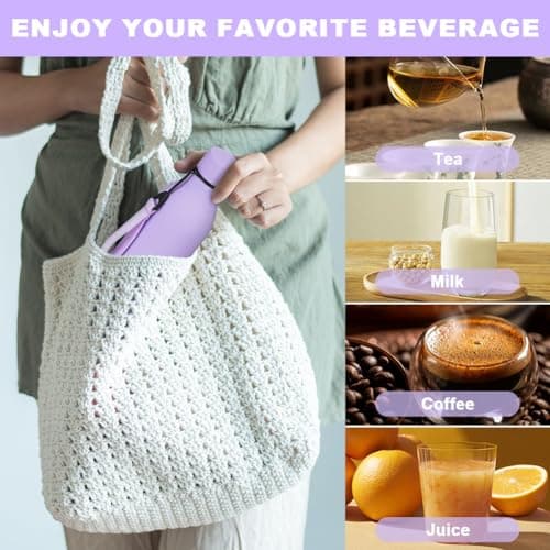 flintronic 550ml Water Bottles with Strap,Double Wall Vacuum Insulated Water Bottles Keeps Drinks Cold 24 Hrs/Hot 12 Hrs|Leak Proof|BPA Free,Stainless Steel Water Bottles for Gym,Hiking-Purple — view 5