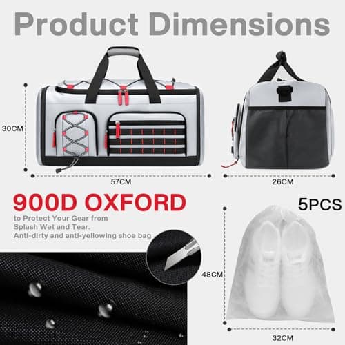 35L Gym Bag with Shoe Compartment, Dry & Wet Separation Overnight Bag-Gray — view 6