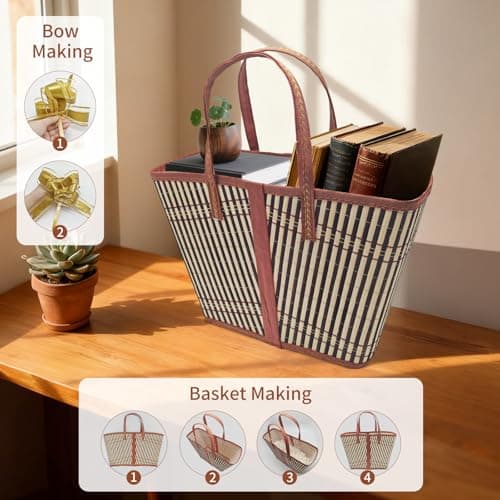 1Set Empty Hamper Basket Gift Baskets Woven Bamboo Basket with Bags, Pull Bows and Shredded Paper Gift Basket Hamper Kit for Birthday,Housewarming (Brown strip) — view 5