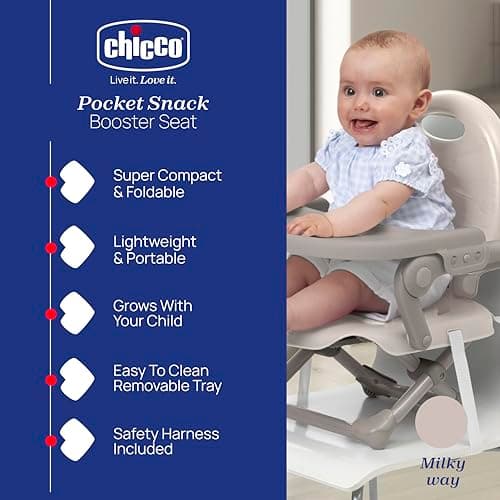 Chicco Pocket Snack Booster Seat for 6 Months to 3 Years (15kg) Portable Highchair with Adjustable Height, Foldable Design, Removable Tray and Safety Harness, Milky Way, 04079340490000 — view 2