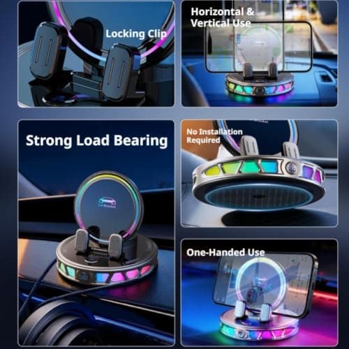 Electric Magnetic Wireless Charging Car Phone Mount with Rgb Ambient Light, Auto-clamping Vacuum Suction Holder, 360° Rotation Stable Dashboard Mount, for All Cars — view 3