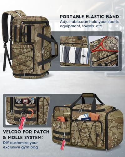 RAINSMORE Sports Gym Bag for Men Women, 45L Large Duffel Bag with Shoe Compartment and Wet Pocket, Water Resistant, 3-in-1 Travel Holdall Weekender Khaki Camo — view 5