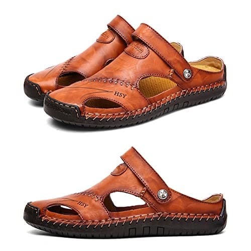 Rojeam Mens Casual Synthetic Leather Sandals Closed Toe Beach Slippers Flat Shoes Summer Sandals for Hiking Trekking, Brown, 8.5 UK — view 4