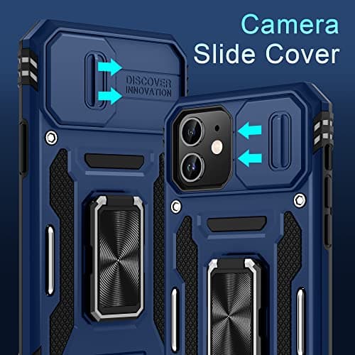 DEERLAMN for iPhone 12 Case,iPhone 12 Pro Case with Slide Camera Cover+Screen Protector(2 Packs),Rotated Ring Kickstand Military Grade Shockproof Protective Cover-Navy Blue — view 3