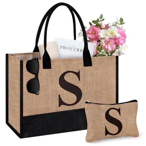 Initial Jute Tote Bag & Makeup Bag, Birthday Gifts for Women Her Mum Teacher, Suitable for Wedding, Beach, Holiday (S)