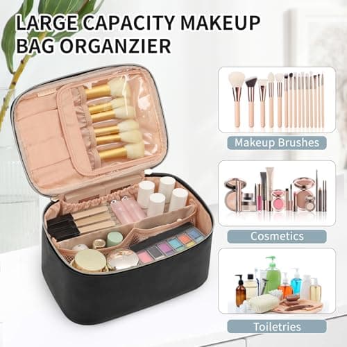 Travel Makeup Bag Portable Cosmetic Bag with Makeup Brushes Organiser Black — view 4