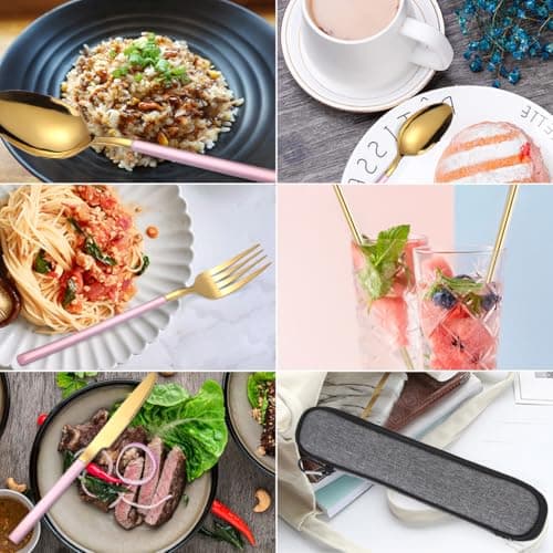 AARAINBOW Portable Cutlery Set for 1 Person, Stainless Steel Knife Fork Spoon Straw Set. 6-Piece Flatware Set with Bag, Suitable for Travel Camping Work, Dishwasher Safe, Pink Gold — view 4
