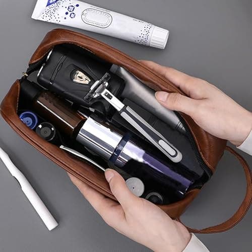 Ethlomoer Leather Toiletry Bag for Men – Brown High-Capacity Waterproof Toiletry Bag with Compartments, Travel Wash Bag for Men, Contrast Color Design — view 2