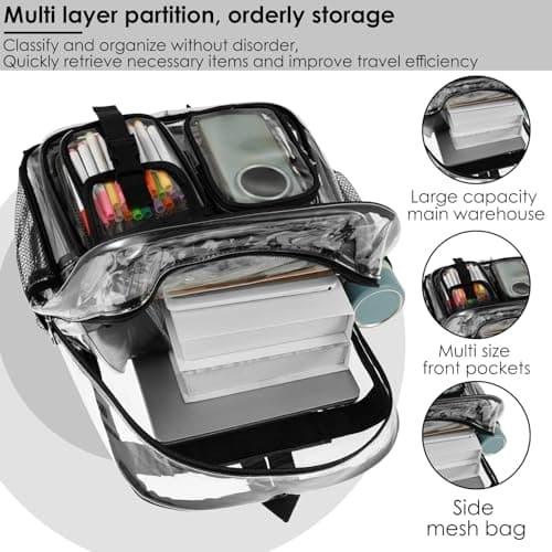 Clear Backpack Heavy Duty PVC Clear Bookbag 32x41x13cm Large Capacity Multi Pockets Lightweight See Through Backpack with Adjustable Straps for Men Women College Concerts Sports Stadium Events(Black) — view 5