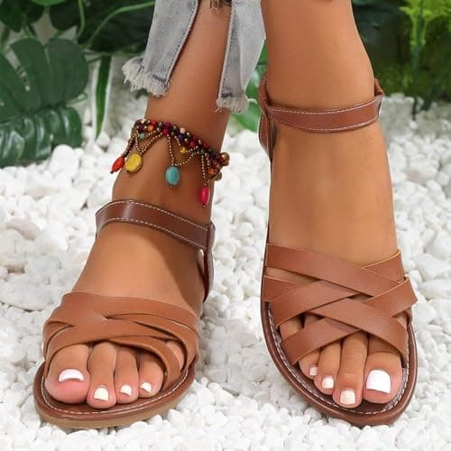 Ladies Sandals Womens Flat Sandals Cross Strappy Open Toe Sandal Elastic Strap Hiking Sandal Casual Travel Breathable Flip Flop Womens Wide Fit Slippers Ladies Summer Beach Shoes — view 6