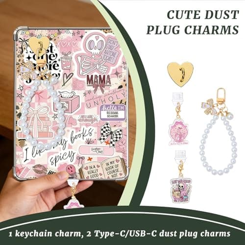 VelvetGlow 6pcs Inserts for E-Reader Clear Case, 2pcs Dust Plug Charms Set, Retro Phone Charm Accessories, Cardstock Inserts for Kindle Paperwhite 11th-12th generation, Gift for Book Lovers (Style E) — view 6