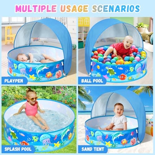Baby Paddling Pool with Sun Shade UPF50+, Portable Pop up Beach Tent with Carry Bag, 4 in 1 Baby Pool with UV Sun Shelter Canopy, Summer Essentials for Beach Holiday Camping Picnics Travel — view 2