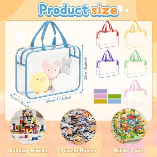 6 Pack Clear Toy Storage Bags with Handles Name Tag zip PVC Waterproof 11.8x8.6x3.9 Inch Organizer Bags for Building Blocks Puzzles Board Games Toy Organiser Bags for Toys (6 Colors) — view 2