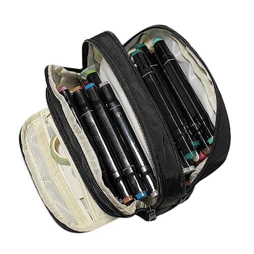 Liujiami Pencil Case Large Capacity 3 Compartments School Student Stationery Organiser for Kids Adults Office Makeup Cosmetic Bag Black — view 3