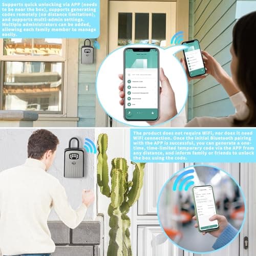 SISAV Smart Bluetooth Key Lock Box,Remote Access via App/Code,Resettable 6-Digit Combination,Large Capacity for 5 Keys,Wall-Mounted,No WiFi Needed,Grey(with Shackle) — view 3