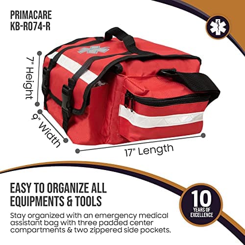Primacare KB-RO74-R First Responder Bag for Trauma, Professional Multiple Compartment Kit Carrier for Emergency Medical Supplies, Red, 17 x 9 x 7 inches — view 3