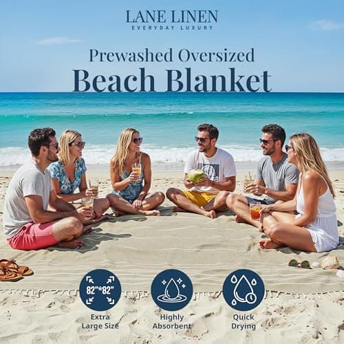 LANE LINEN Giant XL Turkish Beach Towel Blanket – 208x208 cm Extra Large Cotton Sand-Free Quick Dry Towel – Perfect for Beach, Camping, Travel, Picnic, Outdoor Adventures - Beige — view 2