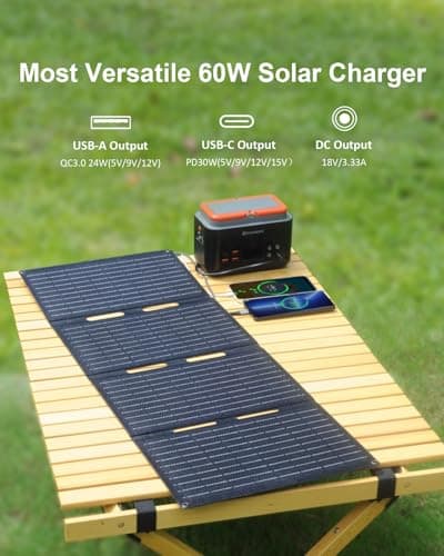 ELECAENTA 60W Solar Panel ETFE Portable Solar Charger 3 Ports, IP68 Waterproof, Foldable Lightweight Monocrystalline Solar Cell for Camping Power Station Generator RV Home Outdoor — view 2