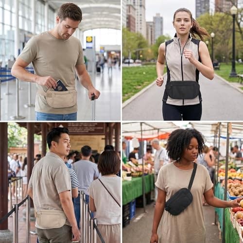 2 Pack Travel Money Belt for Men & Women, Slim Hidden Waist Wallet Under Clothes, Anti-Theft Security Pouch with Dual Zippers for Passport, Cash and Mobile Phone, Holiday Travel Essentials (Black & Be — view 6