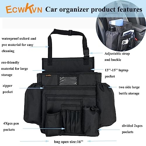 ECWKVN Car Front Seat Organiser -Car File Patrol Bag,Heavy Duty Passenger Tidy Backseat Organiser-Vehicle Storage Bag with 10 Multi Pockets for Laptops Tablet Cup Holder,Black — view 2
