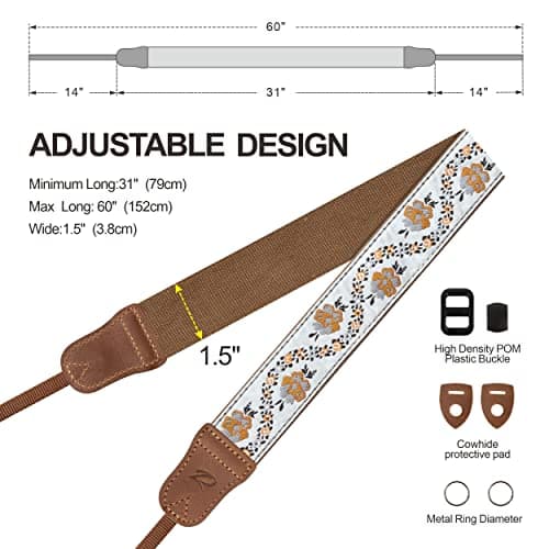 Camera Strap - 1.5" Cowhide Head Shoulder Neck Strap ,Retro Jacquard Embroidery Multi-pattern camera straps for Cameras and Binoculars,Cute Adjustable Thin Strap for Adults & Kids(Yellow Jacquard） — view 6