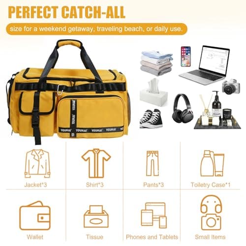 Sports Bag Travel Bag for Men and Women, Large 65L Sports Bags with Shoe Compartment & Wet Compartment, Large Capacity Travel Bag, Gym Bag, Travel Swimming Bag, Overnight Bag (Yellow) — view 6