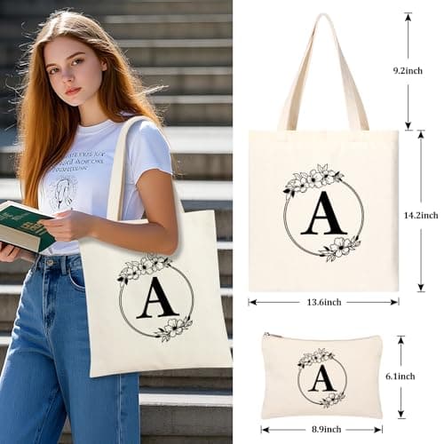 Tecanne Personalised Initial Canvas Tote Bag and Makeup Bag Set, 26 Letters Monogrammed Cotton Reusable Bags for Beach Travel Work School, Gift for Women Mum Teachers Nurses (A) — view 2