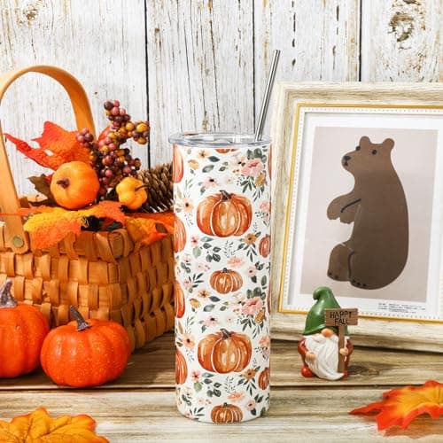 Whaline Fall Tumbler with Lid and Straw Watercolor Pumpkin Flower Stainless Steel Cup Autumn Tumbler Cup Travel Coffee Mug for Fall Thanksgiving Decor Gift Supplies — view 3