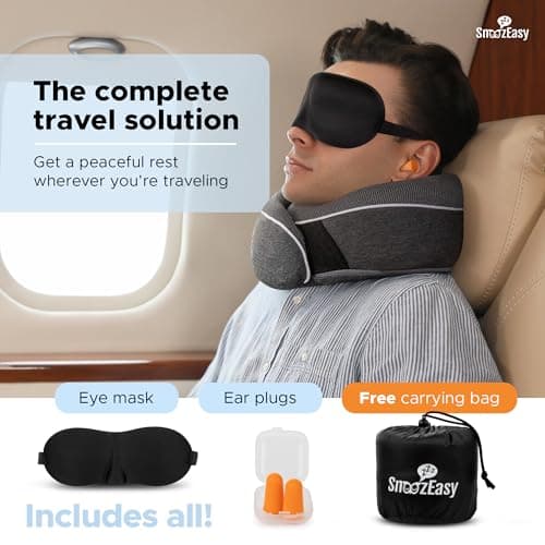 SnoozEasy™ Travel Pillow for Adults | Memory Foam 360 Degree Neck Support with Removable Pillow Case | Includes Travel Bag, Eye Mask and Ear Plugs | Dark Grey | UK Brand — view 3