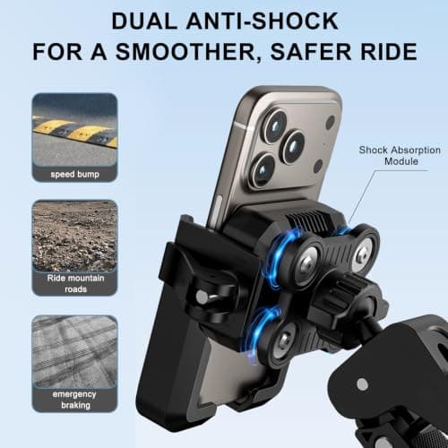 ROHMERIQUE Motorcycle Phone Mount, Camera Friendly Dual Anti-Shock Bike Phone Holder with 360° Rotation and Quick Release Handlebar Clamp, Fits for iPhone 17/16 and 6-7.2" Cellphones — view 6