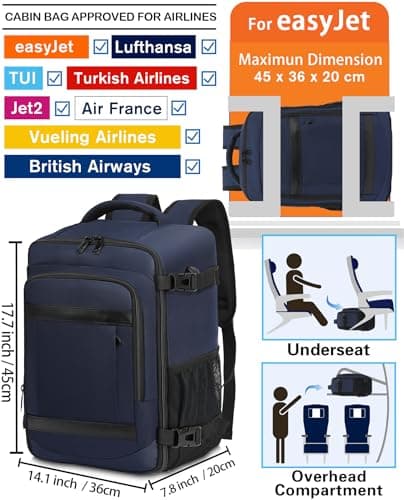 KLOSTAIN for Easyjet Cabin Bag 45x36x20 Travel Backpack Hand Luggage Carry-ons Bag Laptop Backpack Ruscksack for Airplanes Flight New Easyjet Underseat Cabin Bags Fit 14" Laptop Navy — view 2
