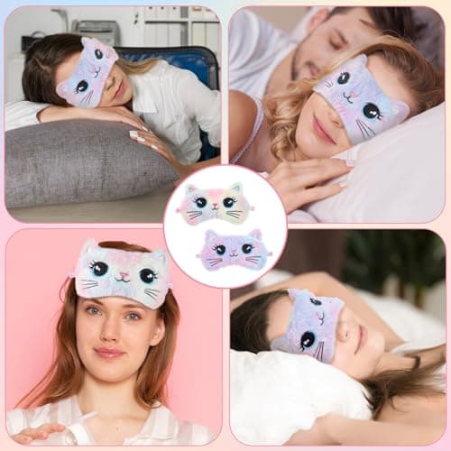 Plush Sleep Mask, 2 Pcs Cute Cat Sleeping Eye Mask Colorful Soft Sleeping Masks Comfortable Funny Animal Night Eye Masks for Sleeping for Women Home Travel Camp Nap — view 6