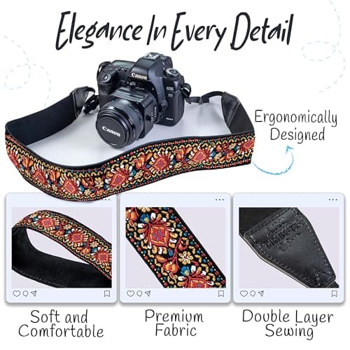 Red Vintage Camera Shoulder Strap Belt For All DSLR Camera – Vibrant Design Universal DSLR Strap, Embroidered Vintage Multi Color Neck Belt for Canon, Nikon, Sony,Pentax, Fujifilm, and Digital Camera — view 3