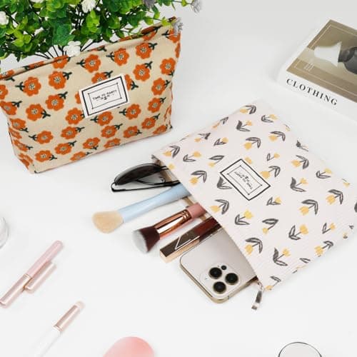 Aucuu Cosmetic Bags, 2 Pcs Small Floral Canvas Cosmetic Bag, Rose Flower Printing Corduroy Toiletry Bag, Multifunctional Travel Makeup Bag with Metal Zipper for Women Girls Gift — view 6