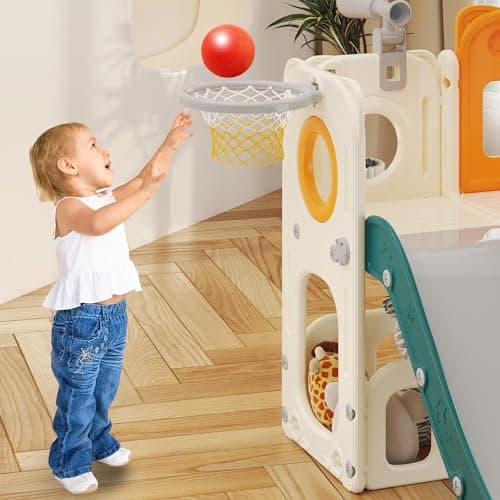 hoopyosms Toddler Slide with Climbing Ladder, Tunnel and Basketball Hoop, Indoor Outdoor Garden Slide Set for Kids, Children's Playground Toy, Montessori Play Equipment, Green — view 6
