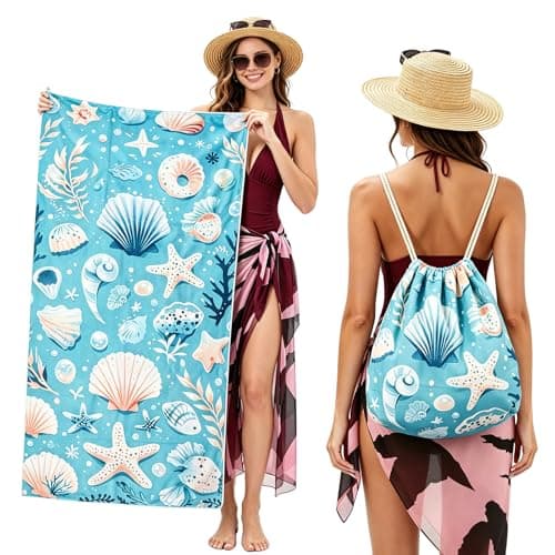 Poeruse Microfibre Beach Towel, 140 x 70 cm Large Microfibre Beach Towels for Adults, 2 in 1 Beach Towel Drawstring Bag Fast Dry Sand Free, for Beach, Pool, Camping, Yoga & Outdoor (A)
