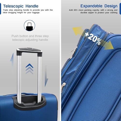 Aerostar Large 29” Lightweight Softshell Expandable Suitcase, Integrated Combination Lock, 4 Wheels Check in Luggage for 23kg (Royal Blue, 111 litres) — view 3