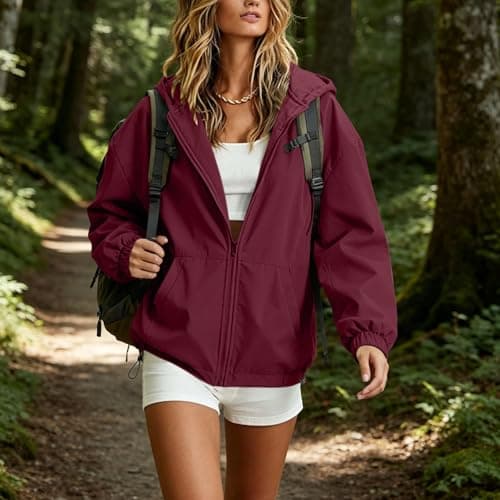 duxyoz Lightweight Hoodies Women Waterproof Running Jacket Lightweight Zip Up Rain Jacket Rain Coats for Women Pac A Mac Raincoat Outdoor Travel Active Jackets for Hiking Running Cycling Walking Wine — view 3