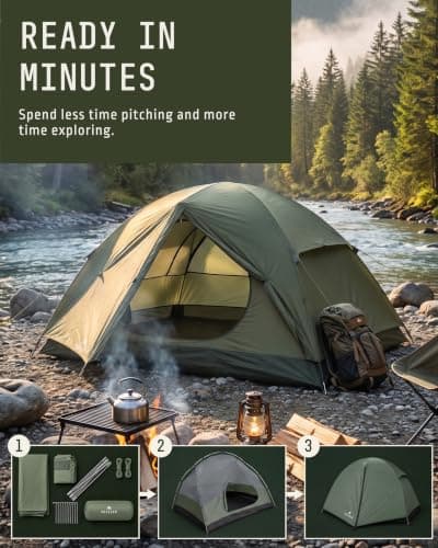 Voyager 2 Man Tent - Waterproof, Windproof, Quick Setup, Spacious 2-Person Camping Tent, Durable, Lightweight Outdoor Shelter, Ideal for Hiking, Backpacking, Camping- 225x135x110cm (Green) — view 6