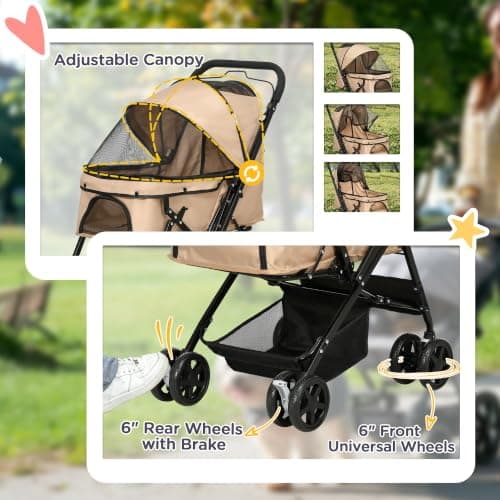 PawHut Dog Stroller with Reversible Handle for Small Dogs Light Brown — view 6
