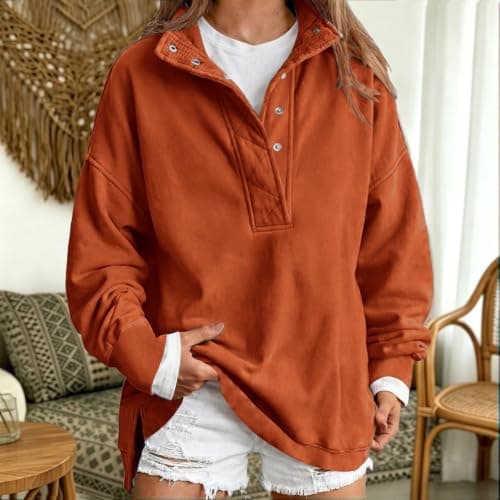 Warm Sweatshirt Women Oversized Henley Neck Long Sleeve Pullover Jumper — view 2
