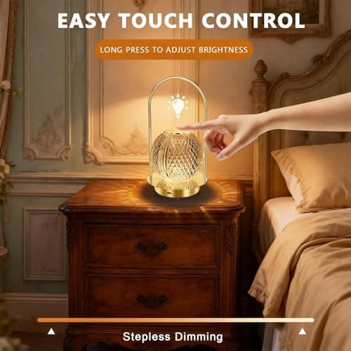 Cordless Rechargeable Table Lamp - Protable Metal Gold Table Lamp, Crystal Vintage Lantern Table Touch Light, 3 Color Stepless Dimming Battery Operated Light for Indoor Outdoor, Camping, Bedroom(Gold) — view 4