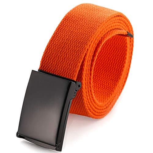 Mile High Life Cut To Fit Canvas Web Belt Size Up to 52" with Flip-Top Solid Black Military Buckle (Orange)