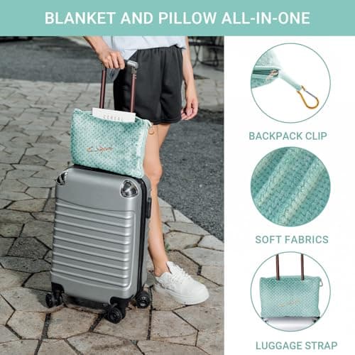 Compact Travel Blanket for Airplane, Premium Soft 2-in-1 Blanket with Pillowcase and Carry Bag, Lightweight Travel Essentials with Luggage Sleeve and Backpack Clip, Mint Green — view 2