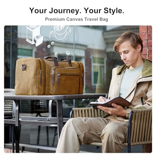 EKOROMIER Large Canvas Travel Holdall for Men – Expandable Duffel Bag – Extra Spacious Weekend Bag for Holidays, Gym & Long Trips – Camel Brown 70L — view 3