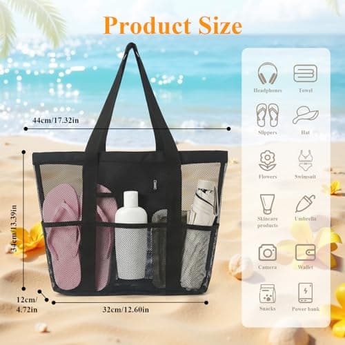 flintronic Women's Mesh Beach Bag, Large Tote Bag, Lightweight Pool Bag with 8 Pockets, Foldable Travel Bag for Swimming, Picnic, Gym, Shopping and Daily Use (44×34×12cm) — view 4